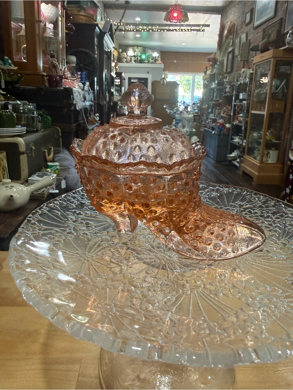 Pink Hobnail Glass Covered Shoe Candy Dish